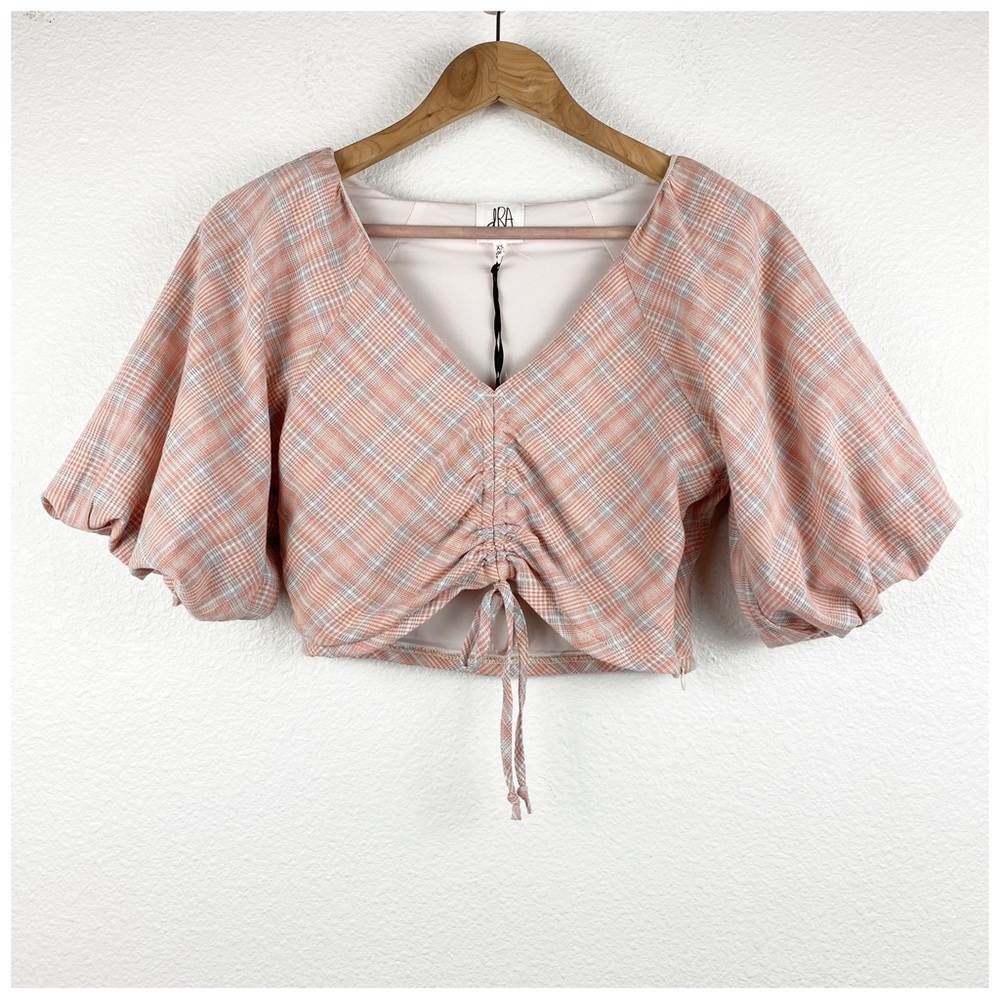 NWT dRA Orange Plaid Puff Sleeve Crop Top Size XS‎